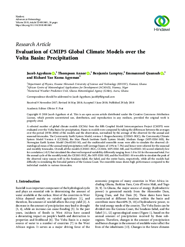 (PDF) Evaluation of CMIP5 Global Climate Models over the Volta Basin ...