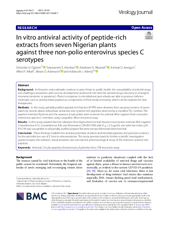 (PDF) In vitro antiviral activity of peptide-rich extracts from seven ...