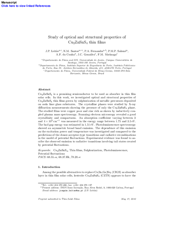 (PDF) Study of optical and structural properties of Cu 2 ZnSnS 4 thin films