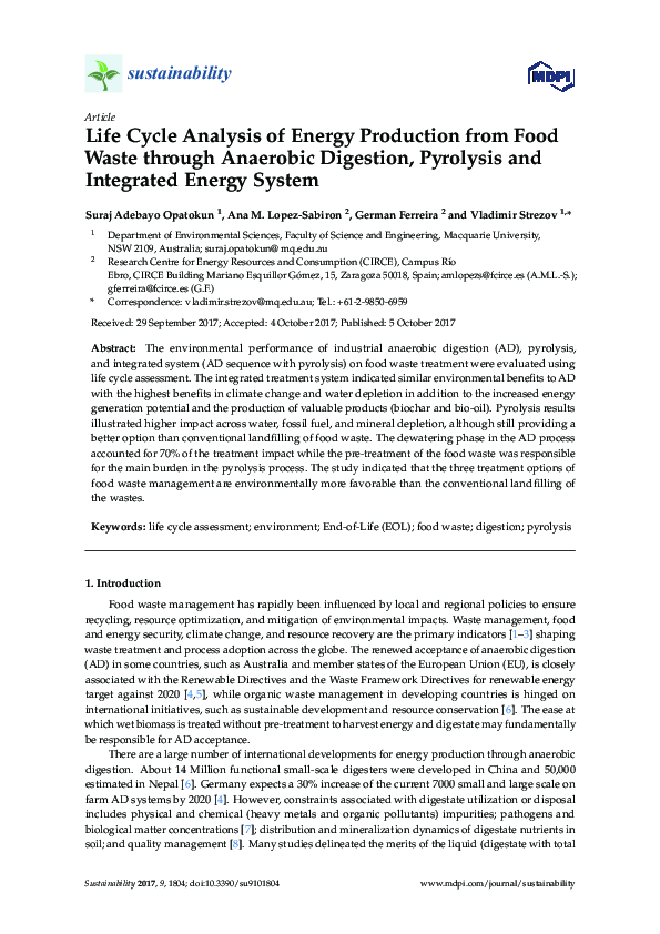 (PDF) Life Cycle Analysis of Energy Production from Food Waste through ...