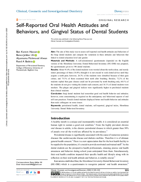 (PDF) Self-Reported Oral Health Attitudes and Behaviors, and Gingival ...