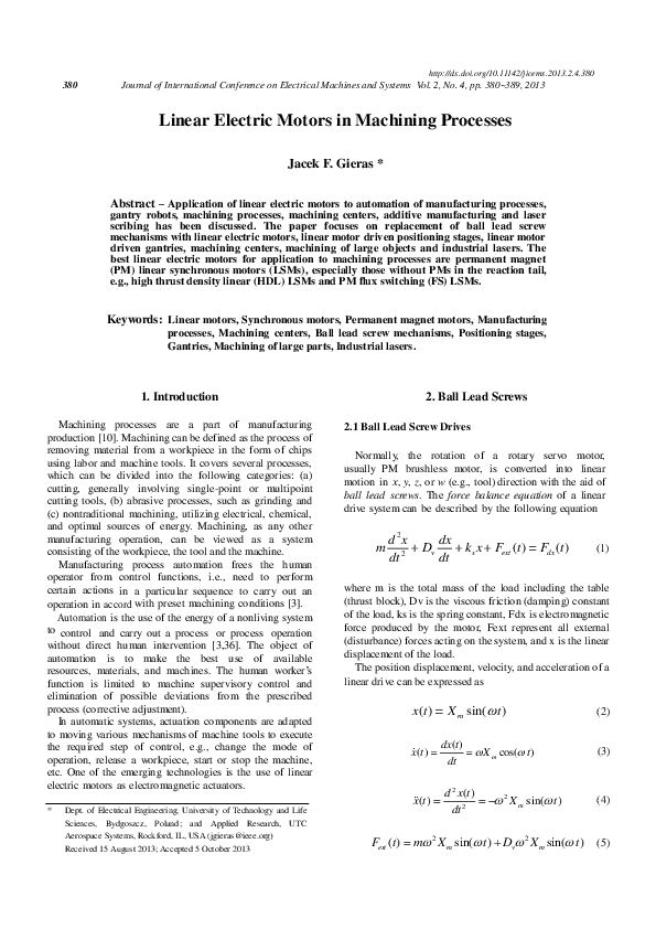 (PDF) Linear Electric Motors in Machining Processes Jacek Gieras