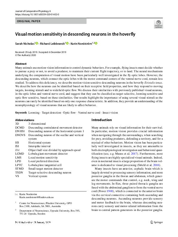 (PDF) Visual motion sensitivity in descending neurons in the hoverfly