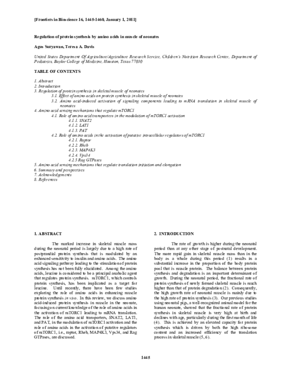 (PDF) Regulation of protein synthesis by amino acids in muscle of neonates