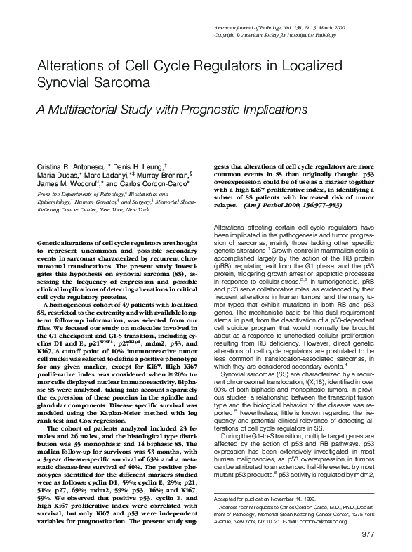 (PDF) Alterations of Cell Cycle Regulators in Localized Synovial Sarcoma