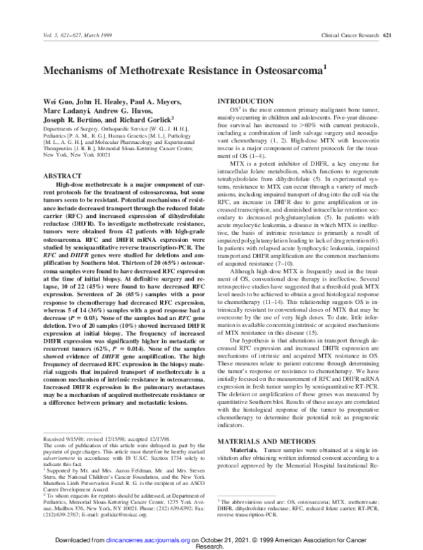 (PDF) Mechanisms of methotrexate resistance in osteosarcoma