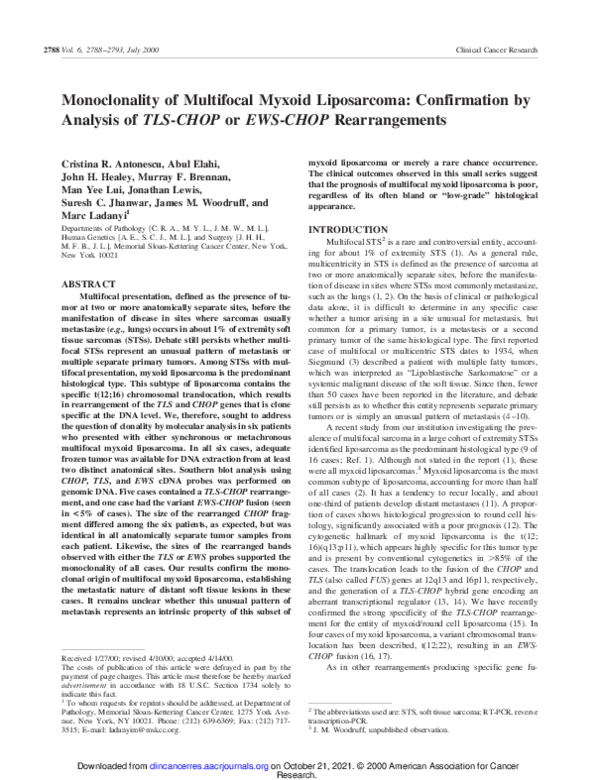 (PDF) Monoclonality of Multifocal Myxoid Liposarcoma: Confirmation by ...