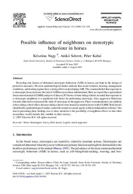  PDF Possible Influence Of Neighbours On Stereotypic Behaviour In 