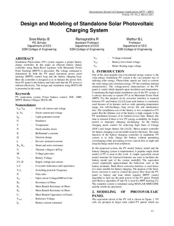 (PDF) Design and Modeling of Standalone Solar Photovoltaic Charging System