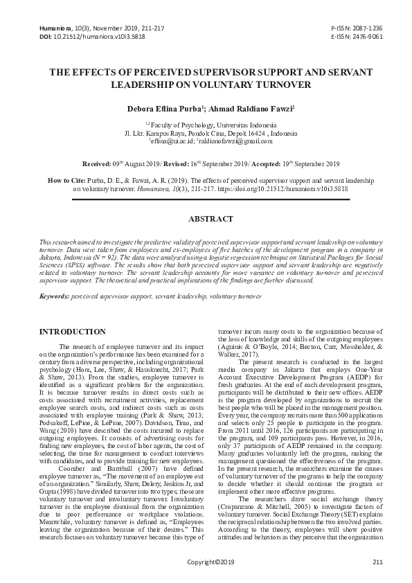 (PDF) The Effects of Perceived Supervisor Support and Servant ...