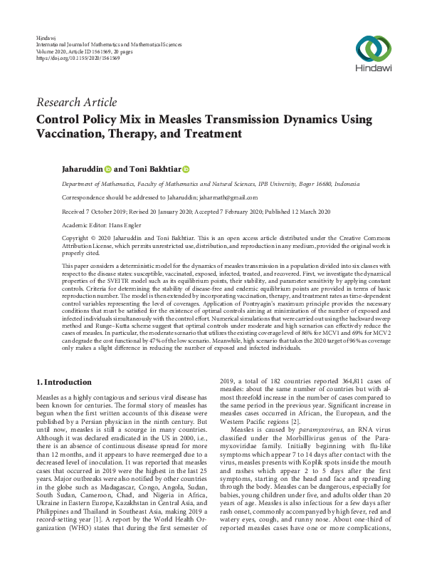 (PDF) Control Policy Mix in Measles Transmission Dynamics Using ...