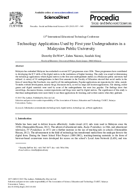 (PDF) Technology Applications Used by First Year Undergraduates in a ...
