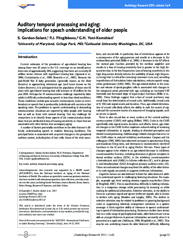 (PDF) Auditory temporal processing and aging: implications for speech ...