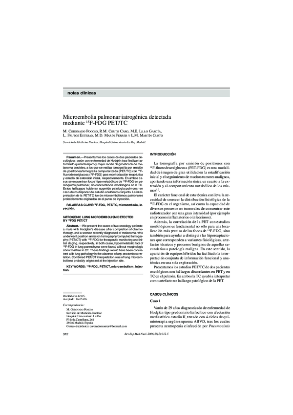 (PDF) Microembolia pulmonar iatrogénica detectada mediante 18F-FDG PET/TC