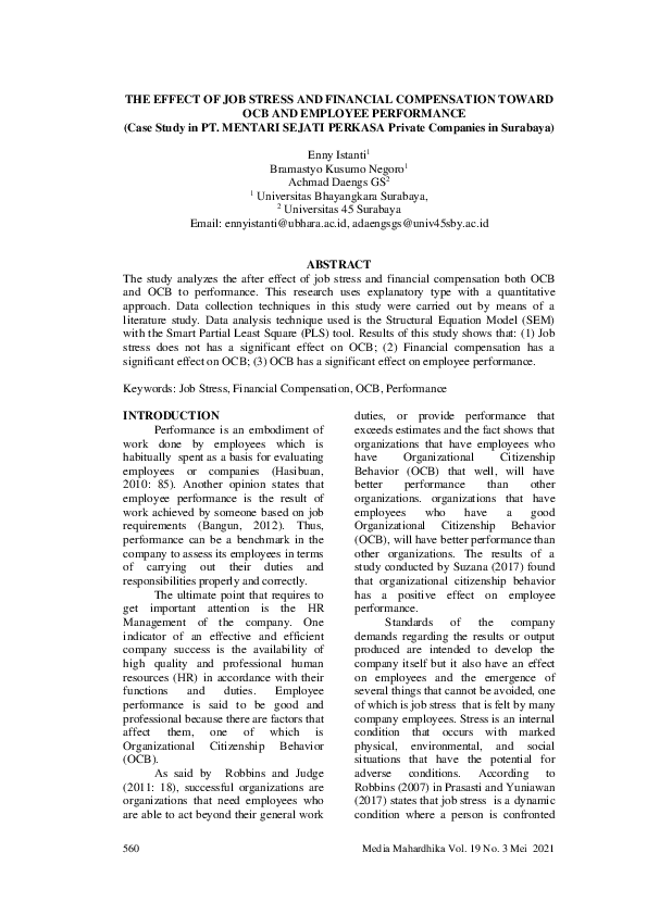 (PDF) The Effect of Job Stress and Financial Compensation Toward Ocb ...
