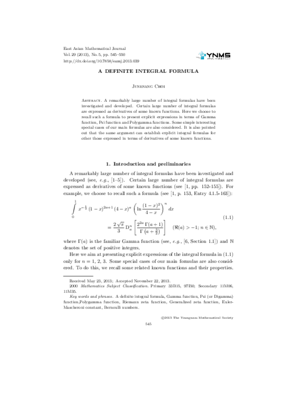 (PDF) A Definite Integral Formula