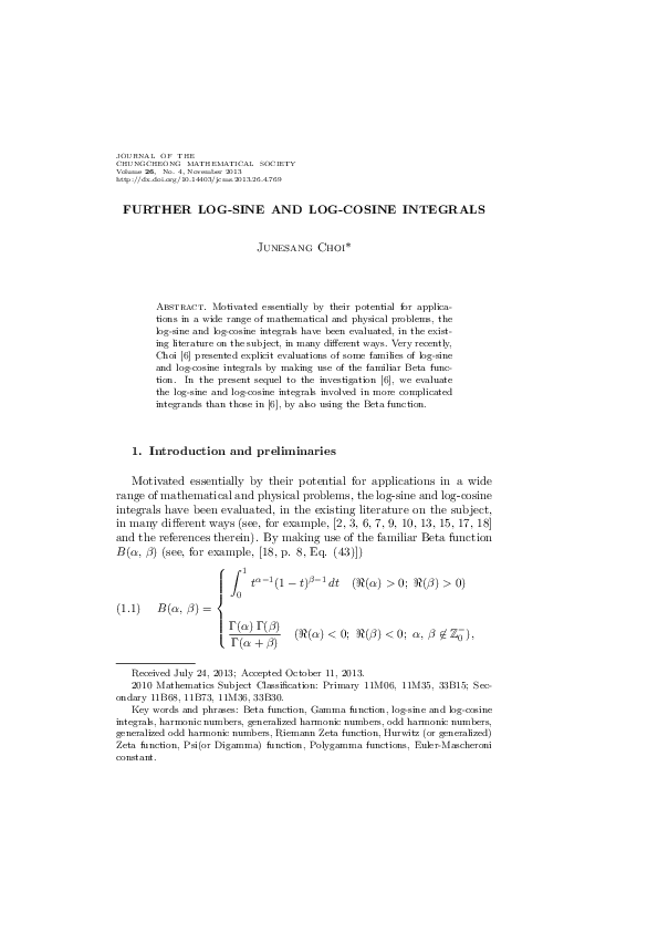 (PDF) Further Log-Sine and Log-Cosine Integrals