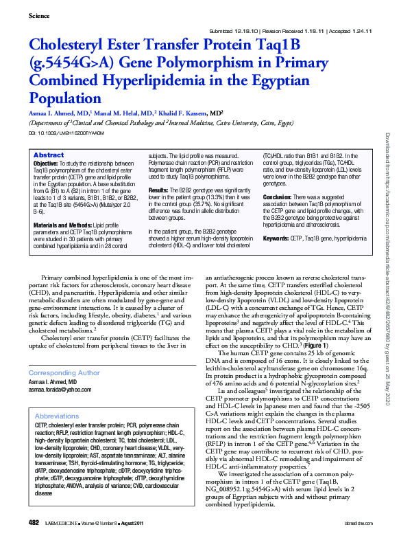 (PDF) Cholesteryl Ester Transfer Protein Taq1B (g.5454G>A) Gene ...