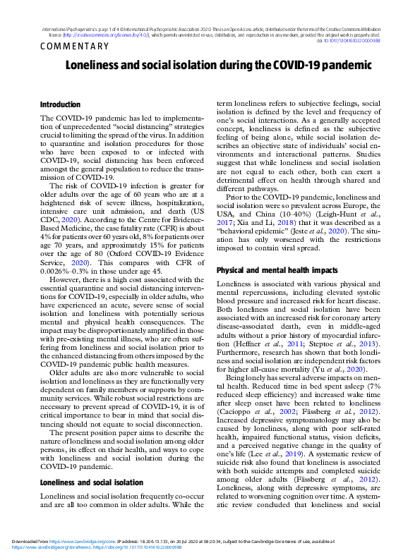 (PDF) Loneliness and social isolation during the COVID-19 pandemic