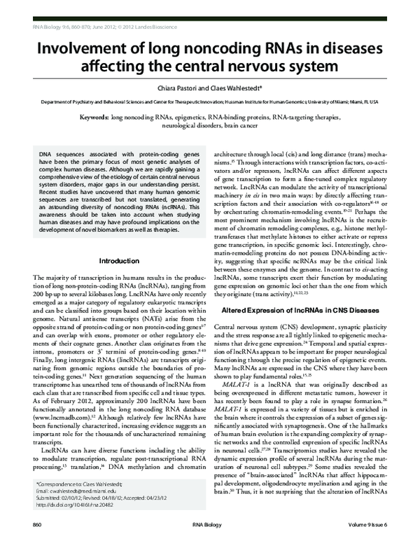 (PDF) Involvement of long noncoding RNAs in diseases affecting the ...