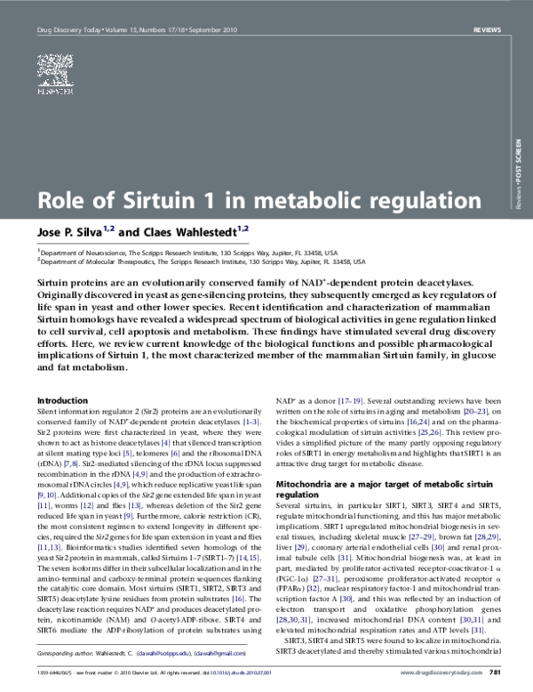 (PDF) Role of Sirtuin 1 in metabolic regulation