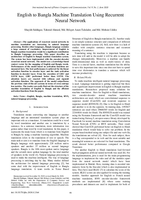(PDF) English to Bangla Machine Translation Using Recurrent Neural Network