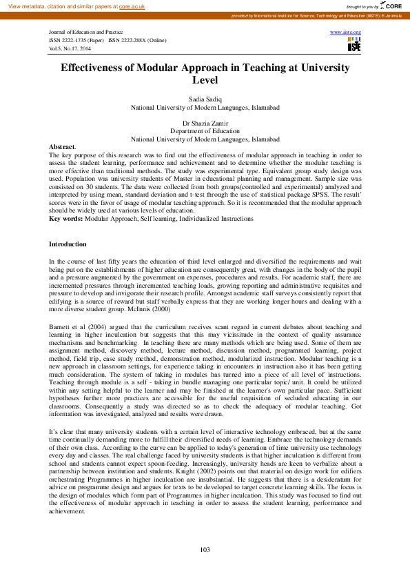 (PDF) Effectiveness of Modular Approach in Teaching at University Level