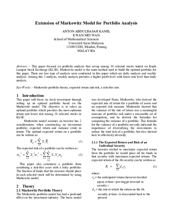 (PDF) Extension Of Markowitz Model For Portfolio Analysis