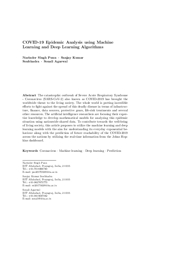 (PDF) COVID-19 Epidemic Analysis using Machine Learning and Deep ...