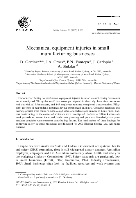 (PDF) Mechanical equipment injuries in small manufacturing businesses