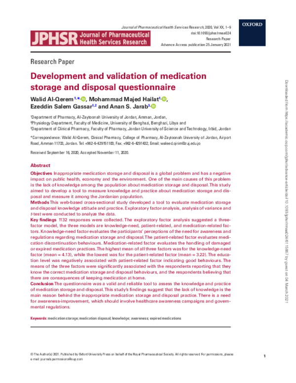 (PDF) Development and validation of medication storage and disposal