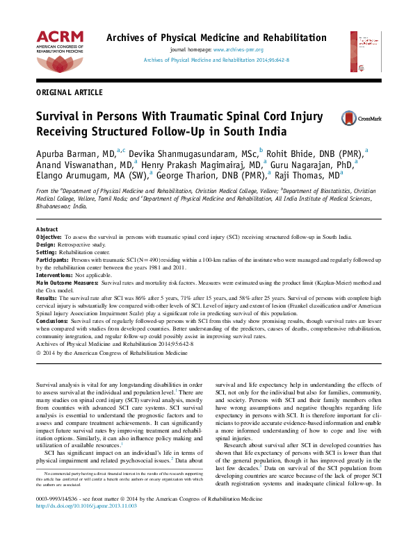 (PDF) Survival in Persons With Traumatic Spinal Cord Injury Receiving ...