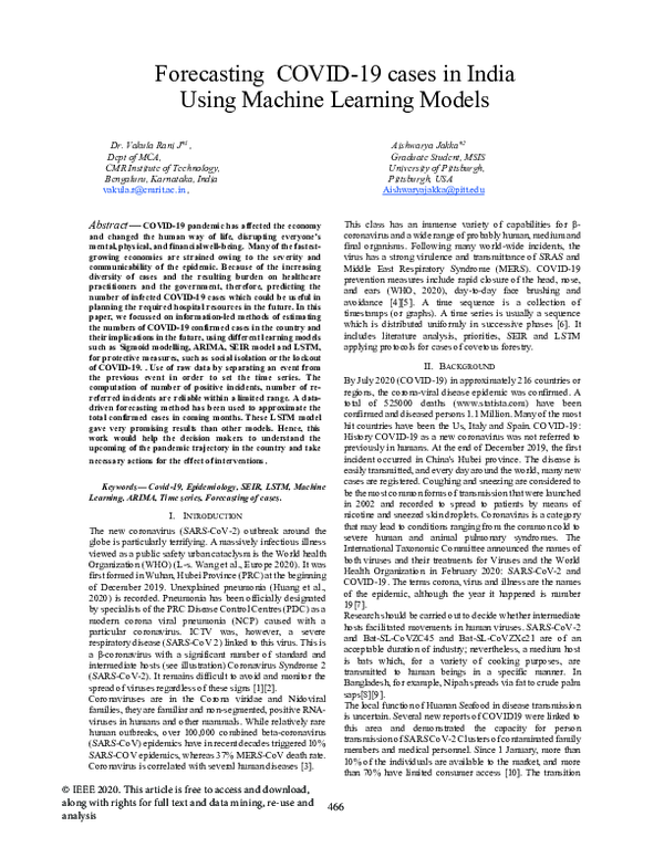 (PDF) Forecasting COVID-19 cases in India Using Machine Learning Models