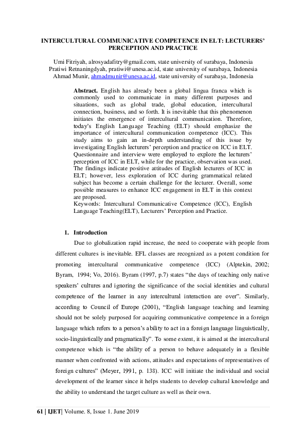 (PDF) Intercultural Communicative Competence in ELT: Lecturers ...