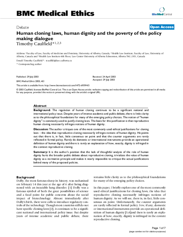 (PDF) Human cloning laws, human dignity and the poverty of the policy ...