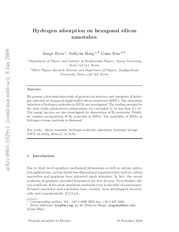 (PDF) Hydrogen adsorption on hexagonal silicon nanotubes