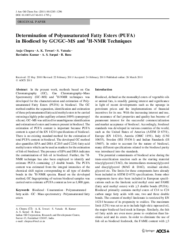 (PDF) Determination of Polyunsaturated Fatty Esters (PUFA) in Biodiesel ...