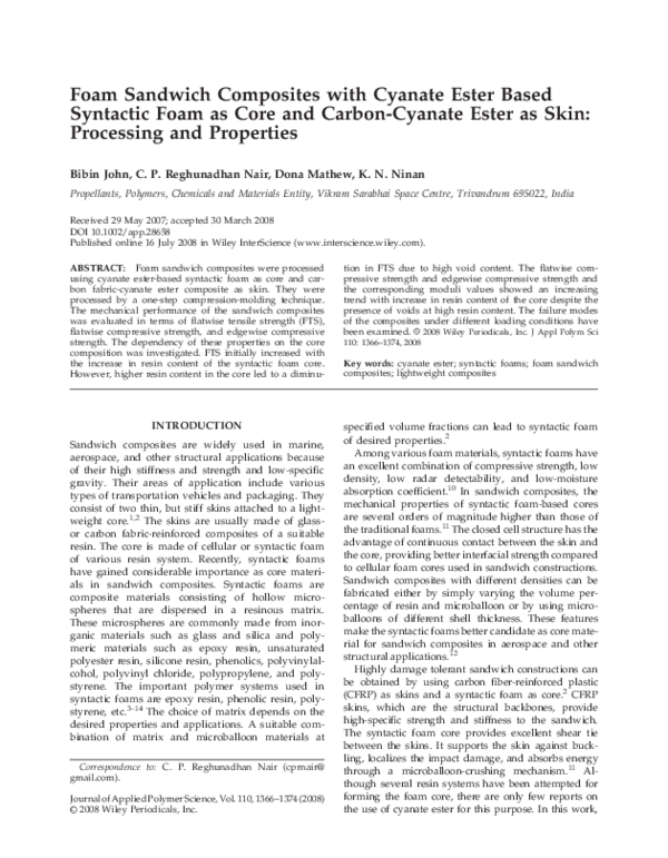 (PDF) Foam sandwich composites with cyanate ester based syntactic foam ...