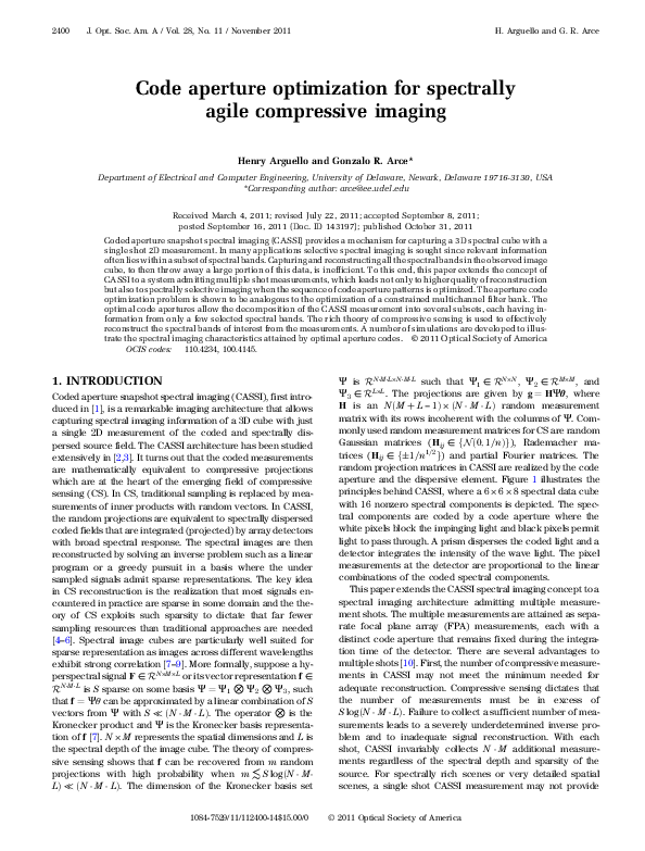 (PDF) Code aperture optimization for spectrally agile compressive imaging