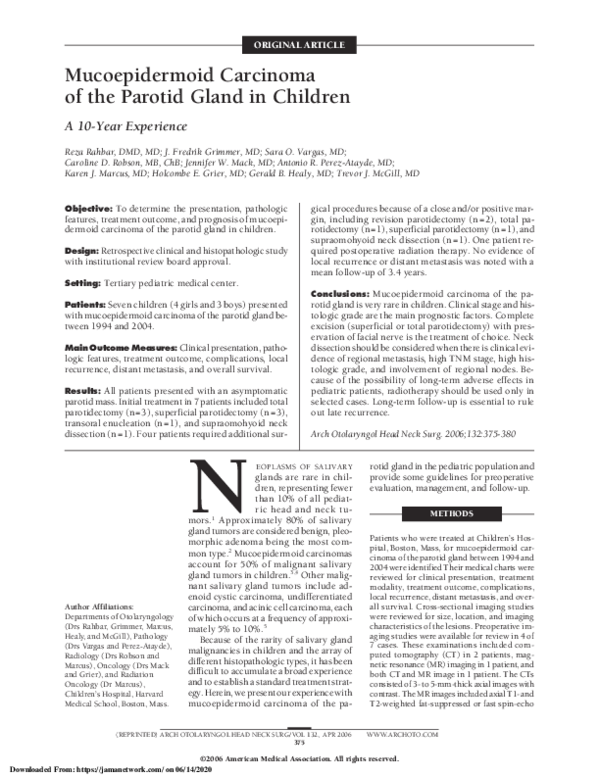 (PDF) Mucoepidermoid Carcinoma of the Parotid Gland in Children