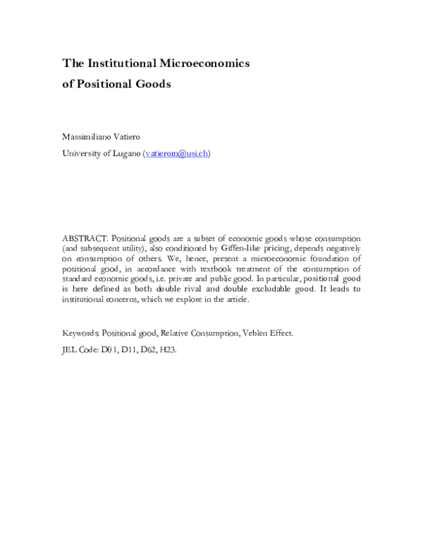 (PDF) The Institutional Microeconomics of Positional Goods