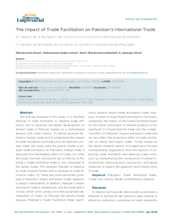 (PDF) The Impact of Trade Facilitation on Pakistan’s International Trade