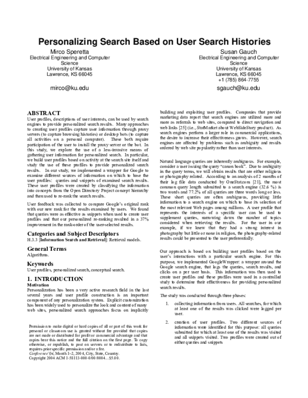 (PDF) Personalized search based on user search histories