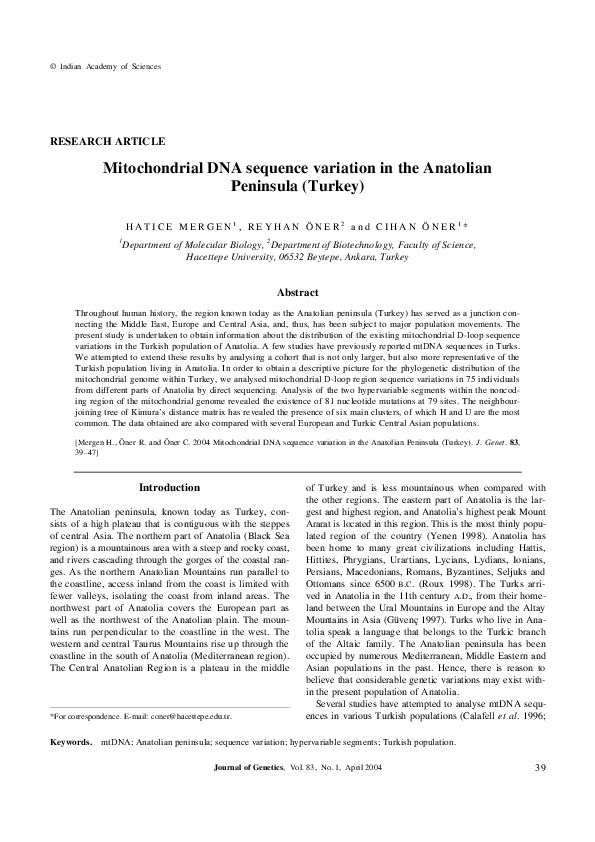 (PDF) Mitochondrial DNA sequence variation in the Anatolian peninsula ...