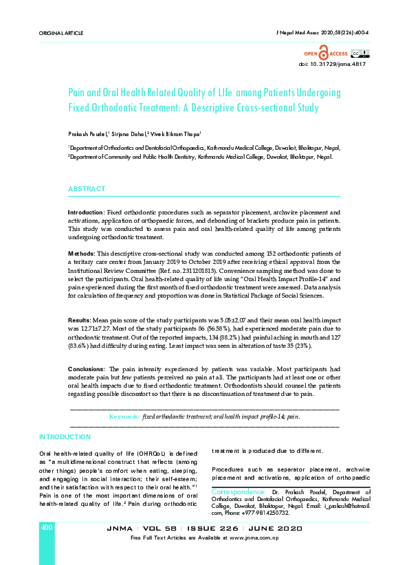 (PDF) Pain and Oral Health Related Quality of LIfe among Patients ...