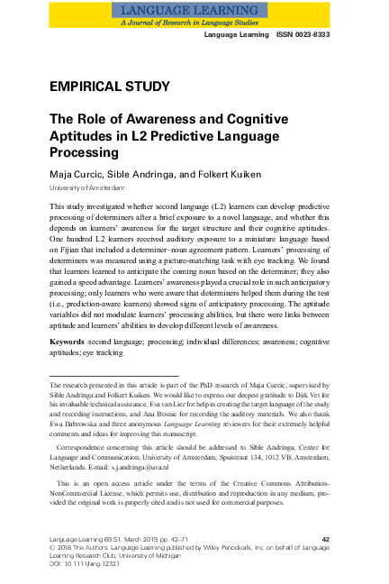 (PDF) The Role of Awareness and Cognitive Aptitudes in L2 Predictive ...
