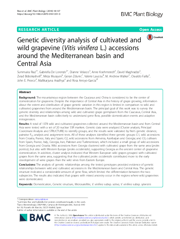 (PDF) Genetic diversity analysis of cultivated and wild grapevine ...