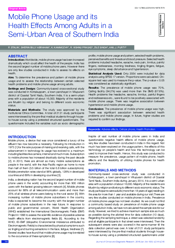 (PDF) Mobile Phone Usage and its Health Effects Among Adults in a Semi ...