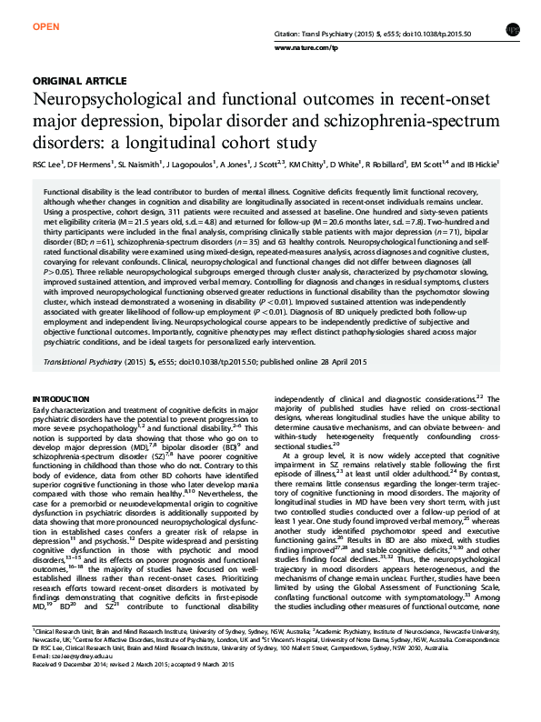 (PDF) Neuropsychological and functional outcomes in recent-onset major ...