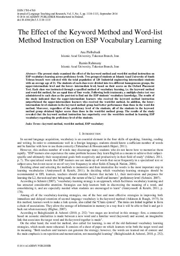 (PDF) The Effect of the Keyword Method and Word-list Method Instruction ...